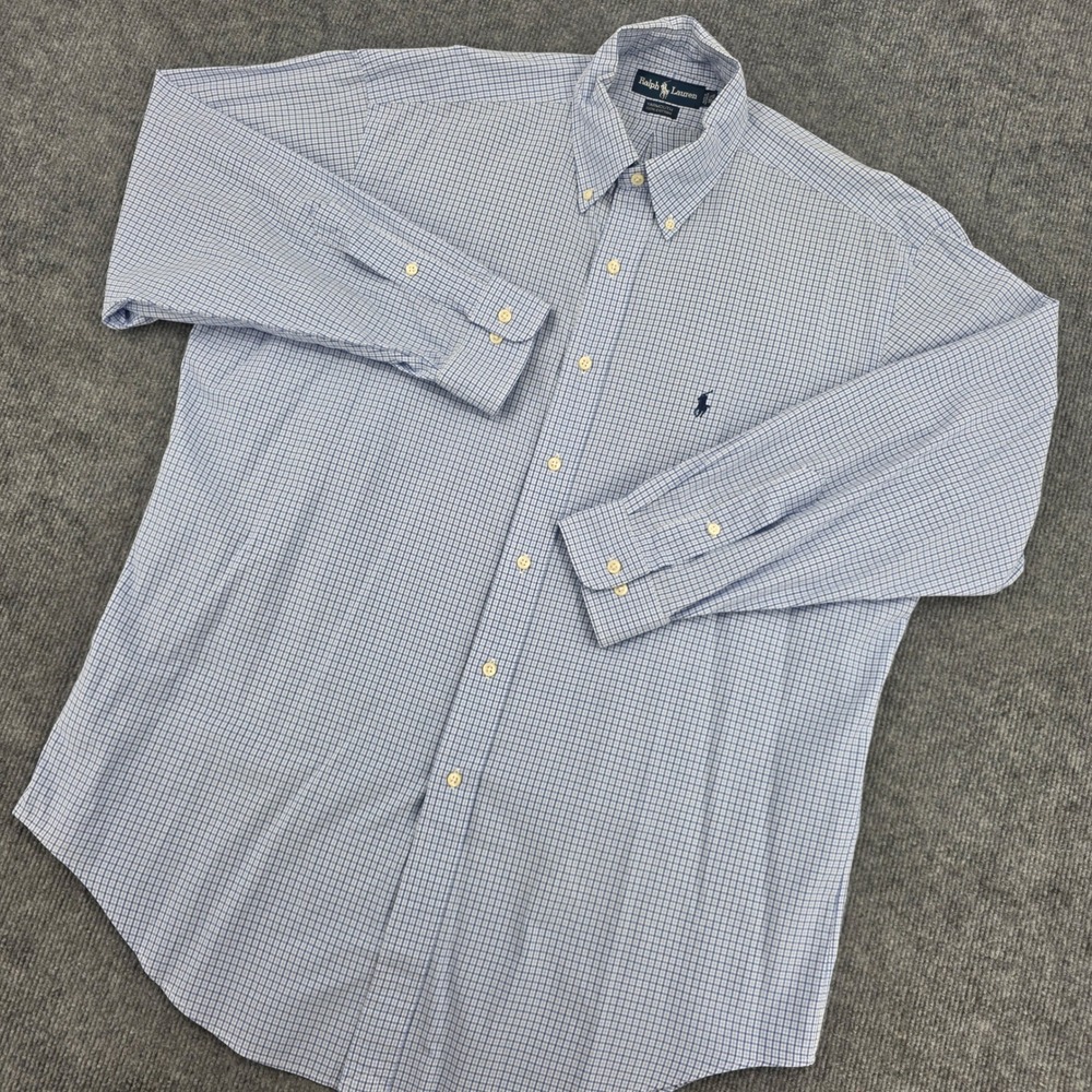 Ralph Lauren Yarmouth Blue White Gingham Check Cotton Button Down Shirt 16.5